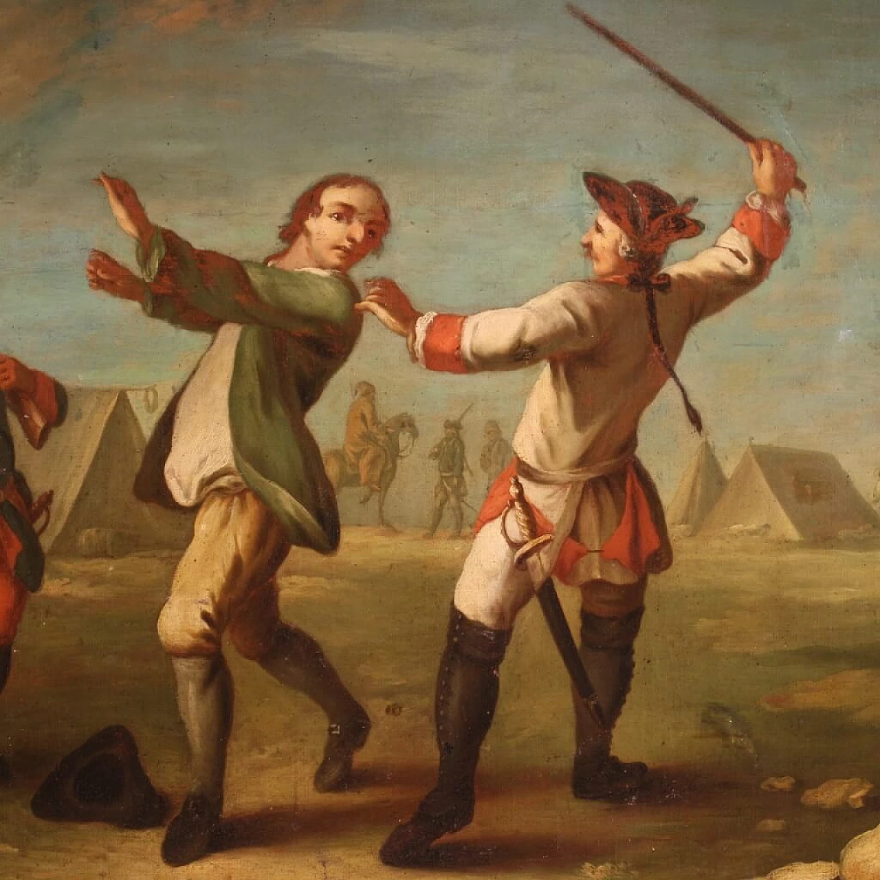 Oil on canvas depicting encampment with soldiers and horses, 19th century 8