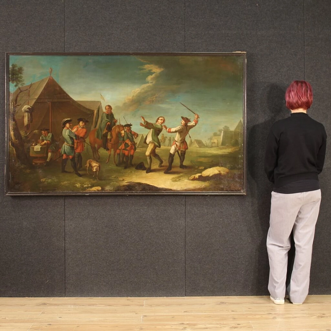 Oil on canvas depicting encampment with soldiers and horses, 19th century 12