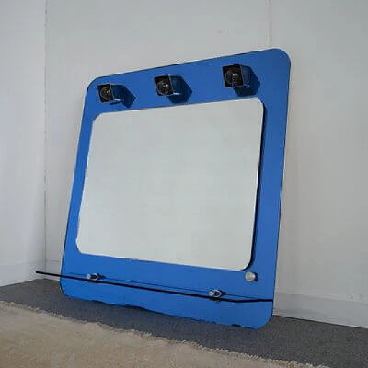 3-light mirror with blue glass shelf by Metalvetro, 1970s 1