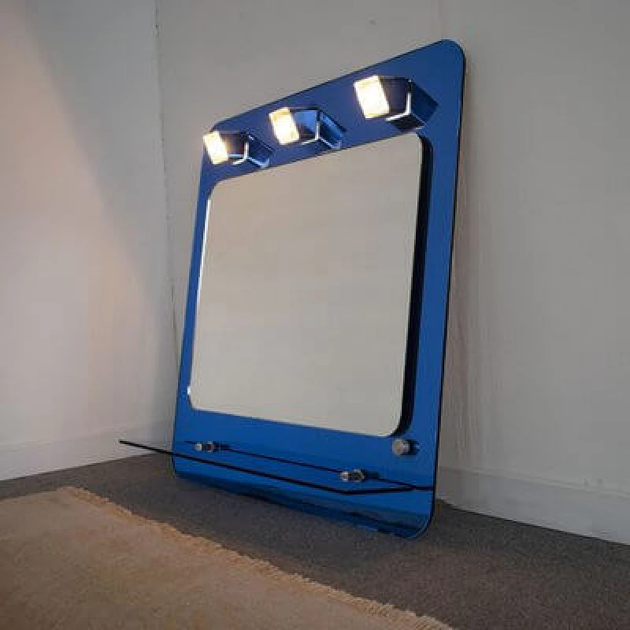 Specchio a 3 luci con mensola in vetro blu di Metalvetro, anni '70 8