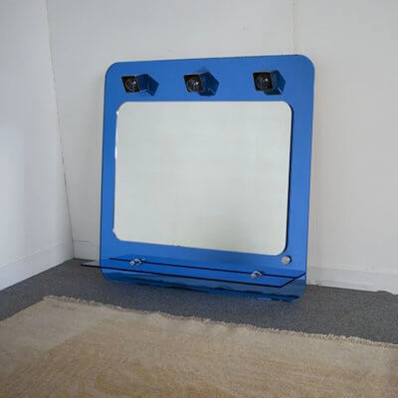 Specchio a 3 luci con mensola in vetro blu di Metalvetro, anni '70 9