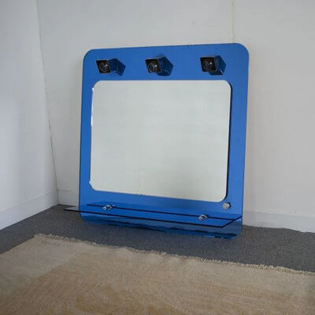 Specchio a 3 luci con mensola in vetro blu di Metalvetro, anni '70 10