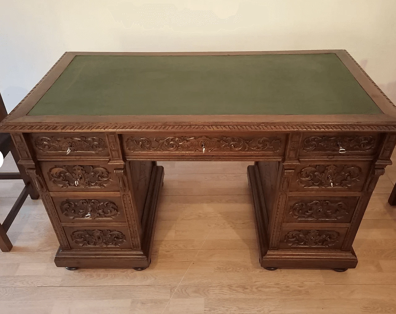 Walnut and green leather desk, armchair and chair, 19th century 2