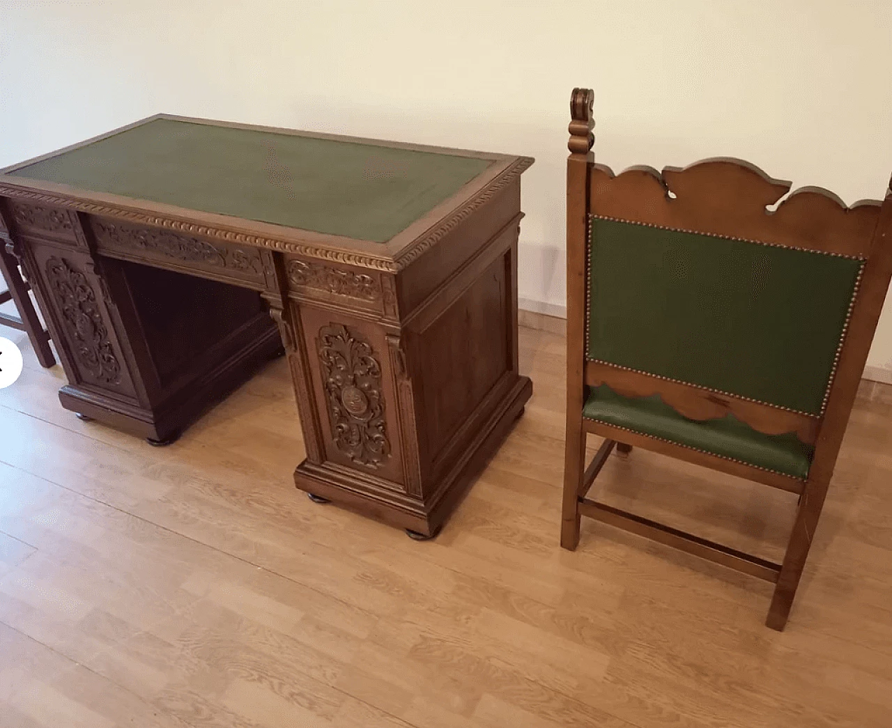 Walnut and green leather desk, armchair and chair, 19th century 4