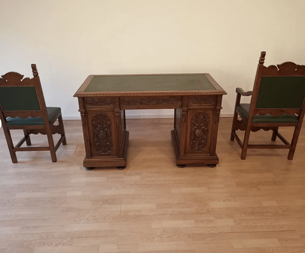 Walnut and green leather desk, armchair and chair, 19th century 5