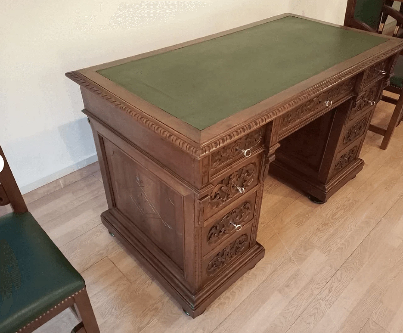 Walnut and green leather desk, armchair and chair, 19th century 6