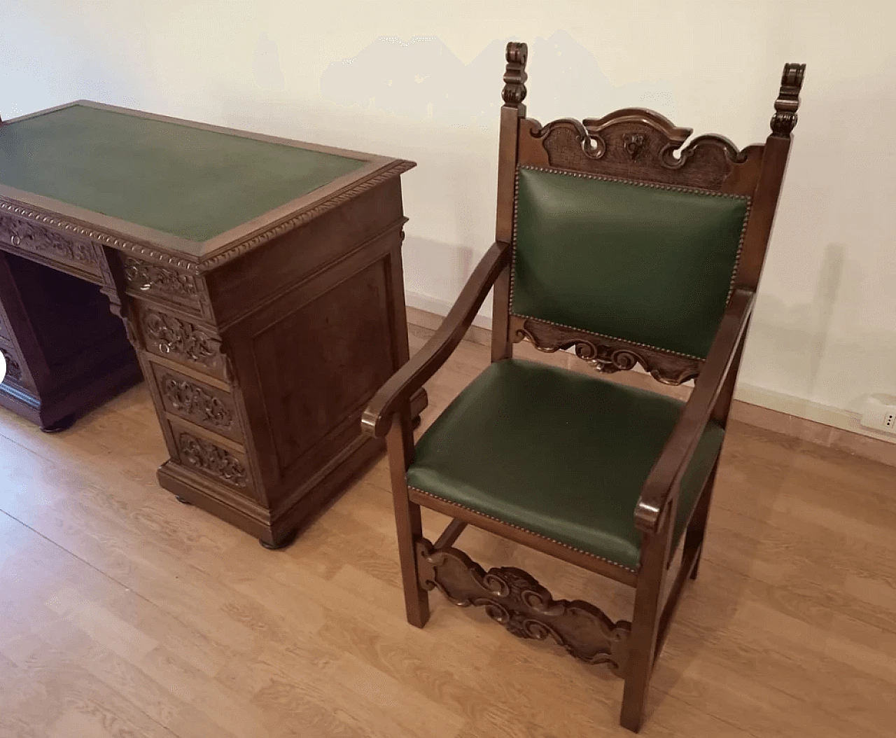 Walnut and green leather desk, armchair and chair, 19th century 7