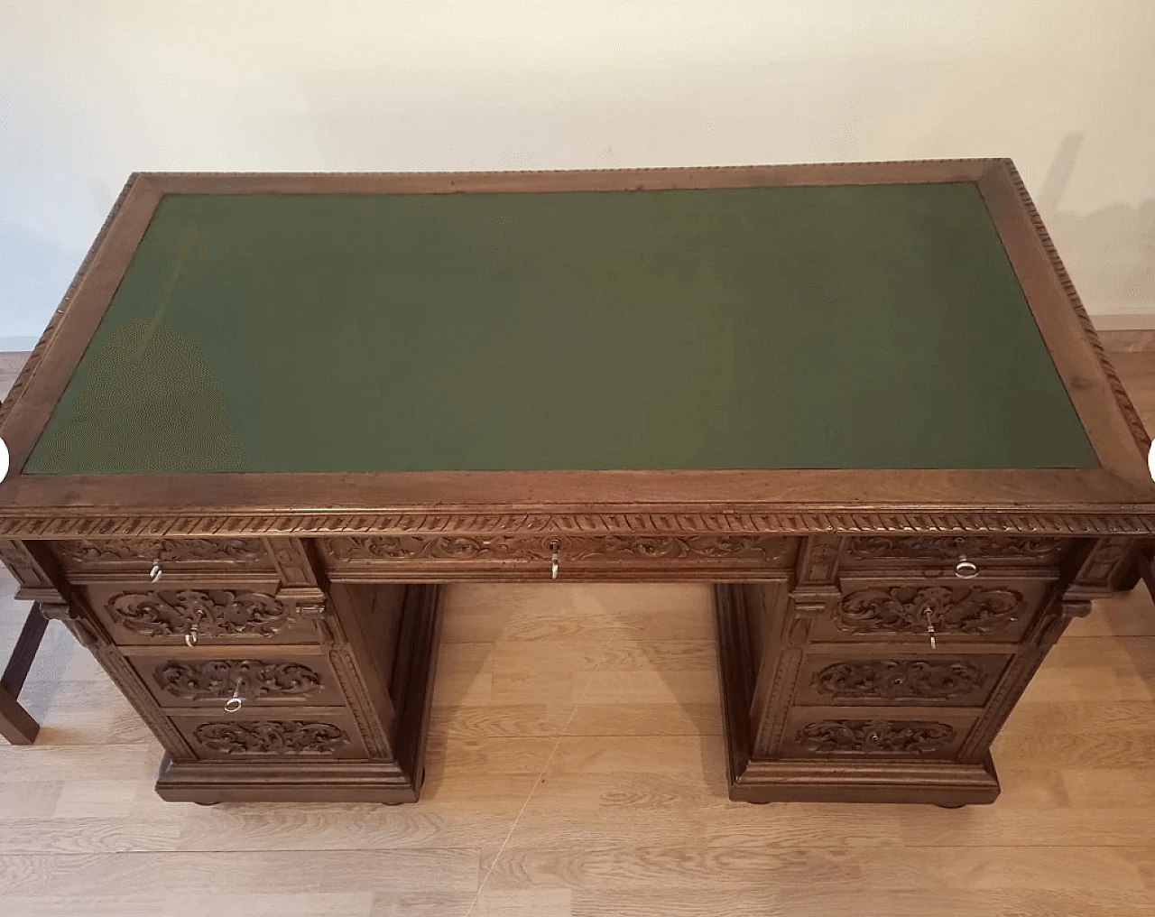 Walnut and green leather desk, armchair and chair, 19th century 9