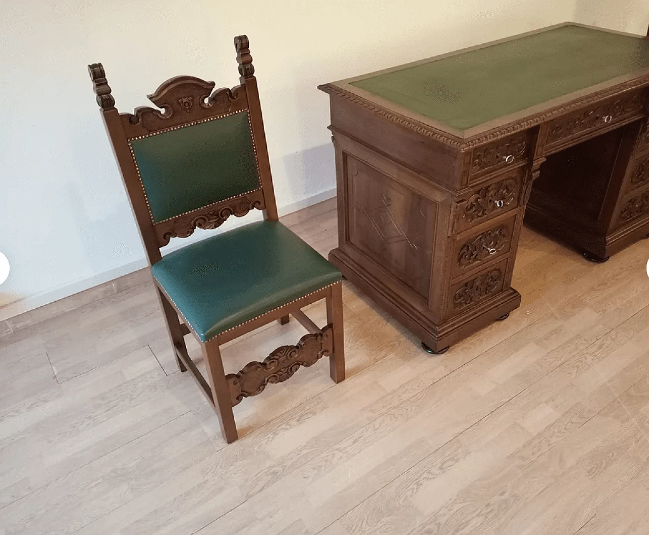 Walnut and green leather desk, armchair and chair, 19th century 10