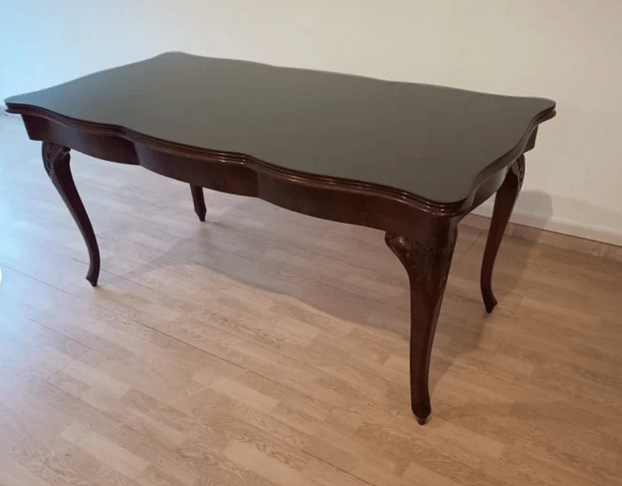 Chippendale style walnut, mahogany and smoked glass table, 1920s 2