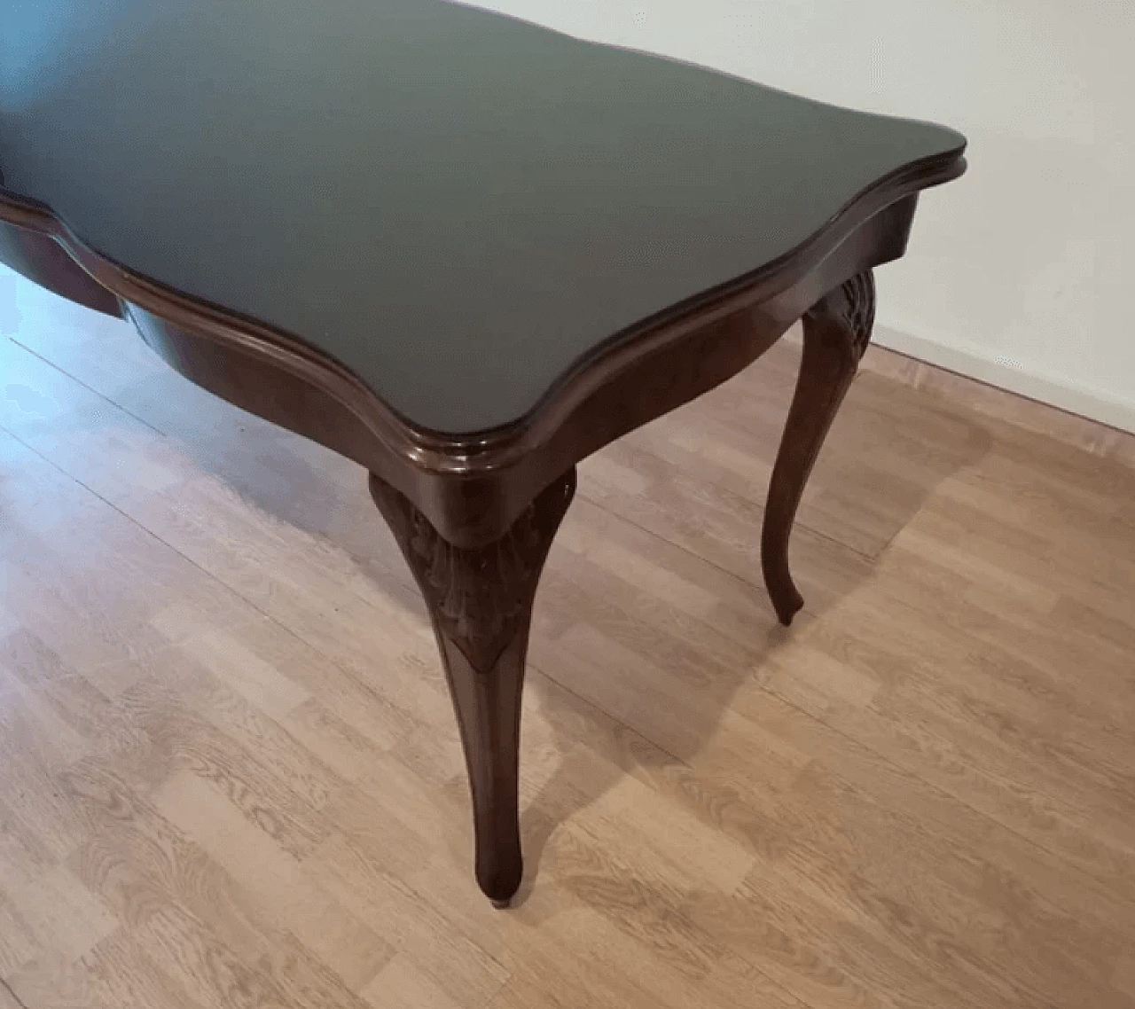 Chippendale style walnut, mahogany and smoked glass table, 1920s 5