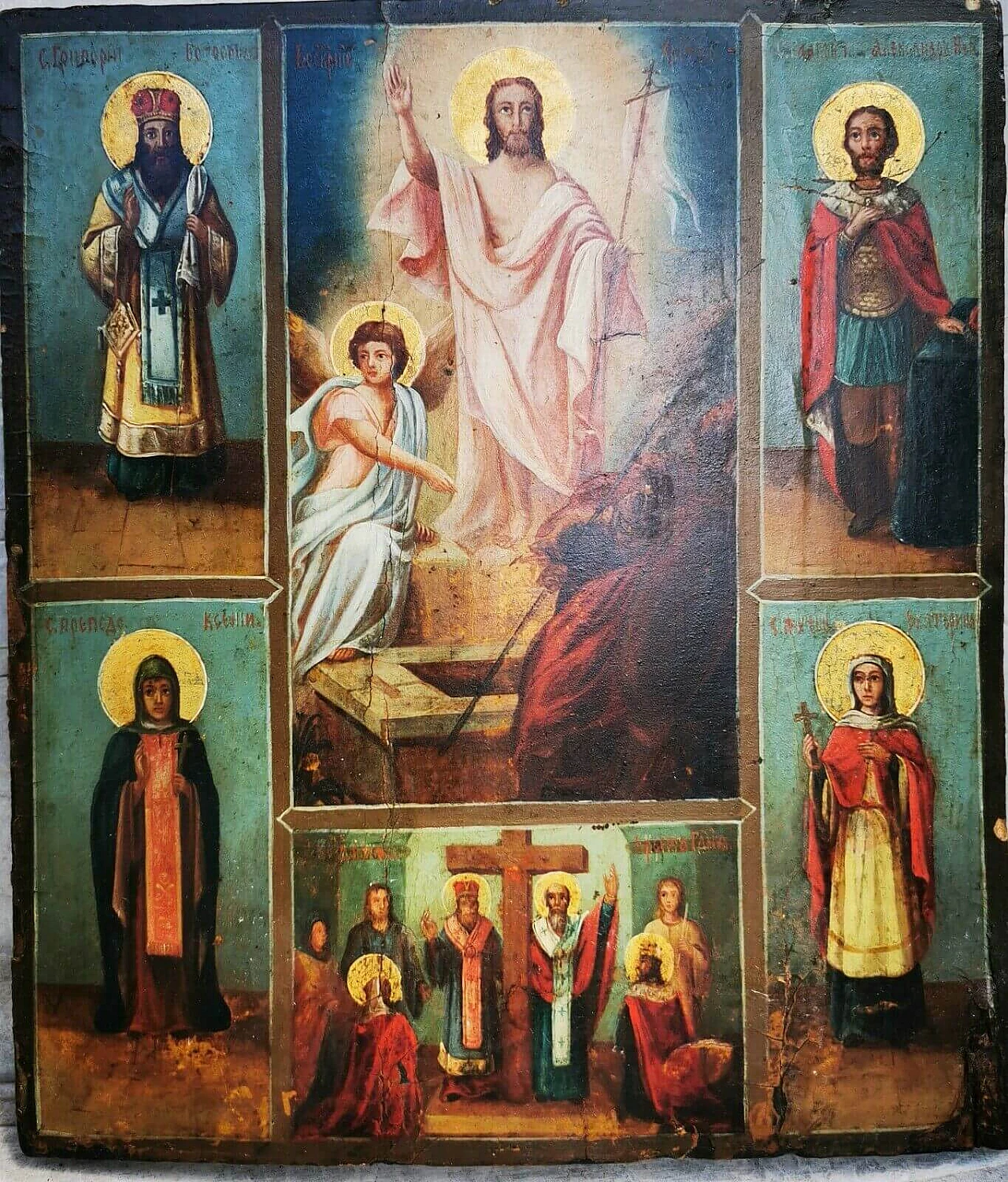 ICONA Russa su tavola, "Resurrezione di Cristo con santi", '800 3