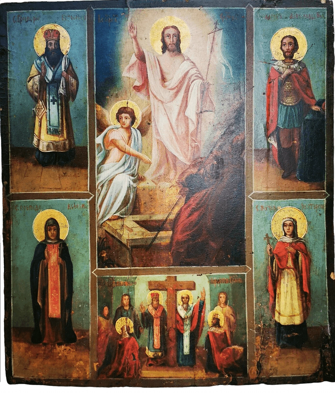 ICONA Russa su tavola, "Resurrezione di Cristo con santi", '800 4