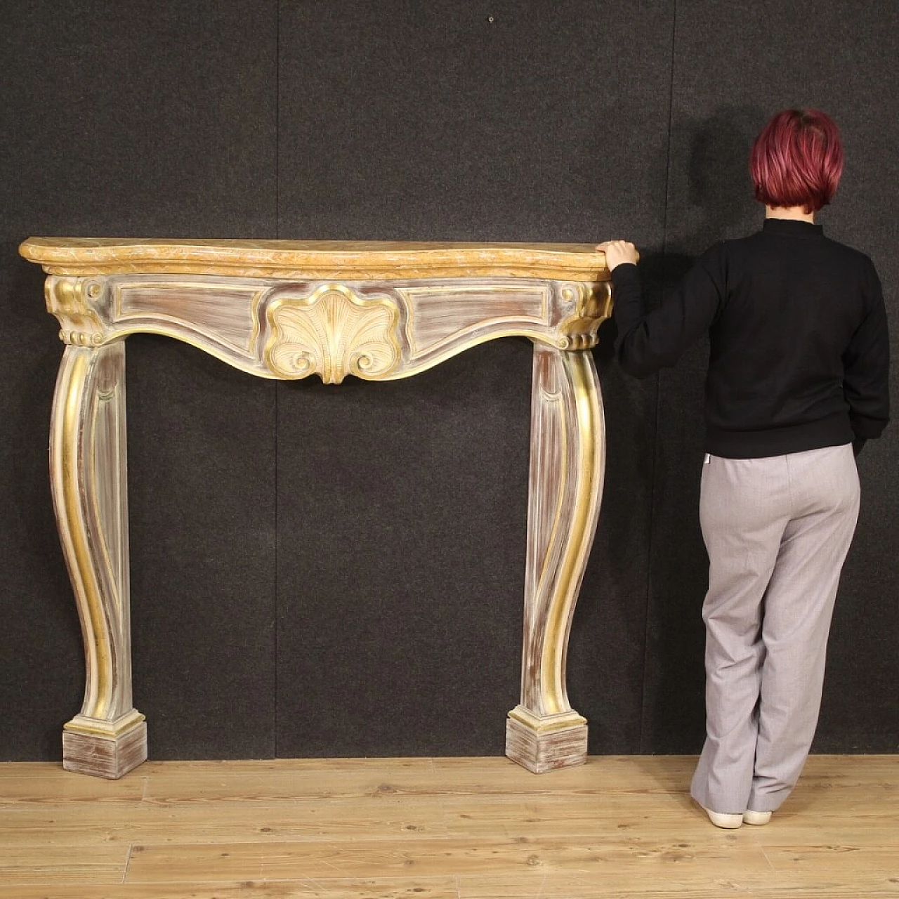 Painted and gilded wooden fireplace, 1980s 2