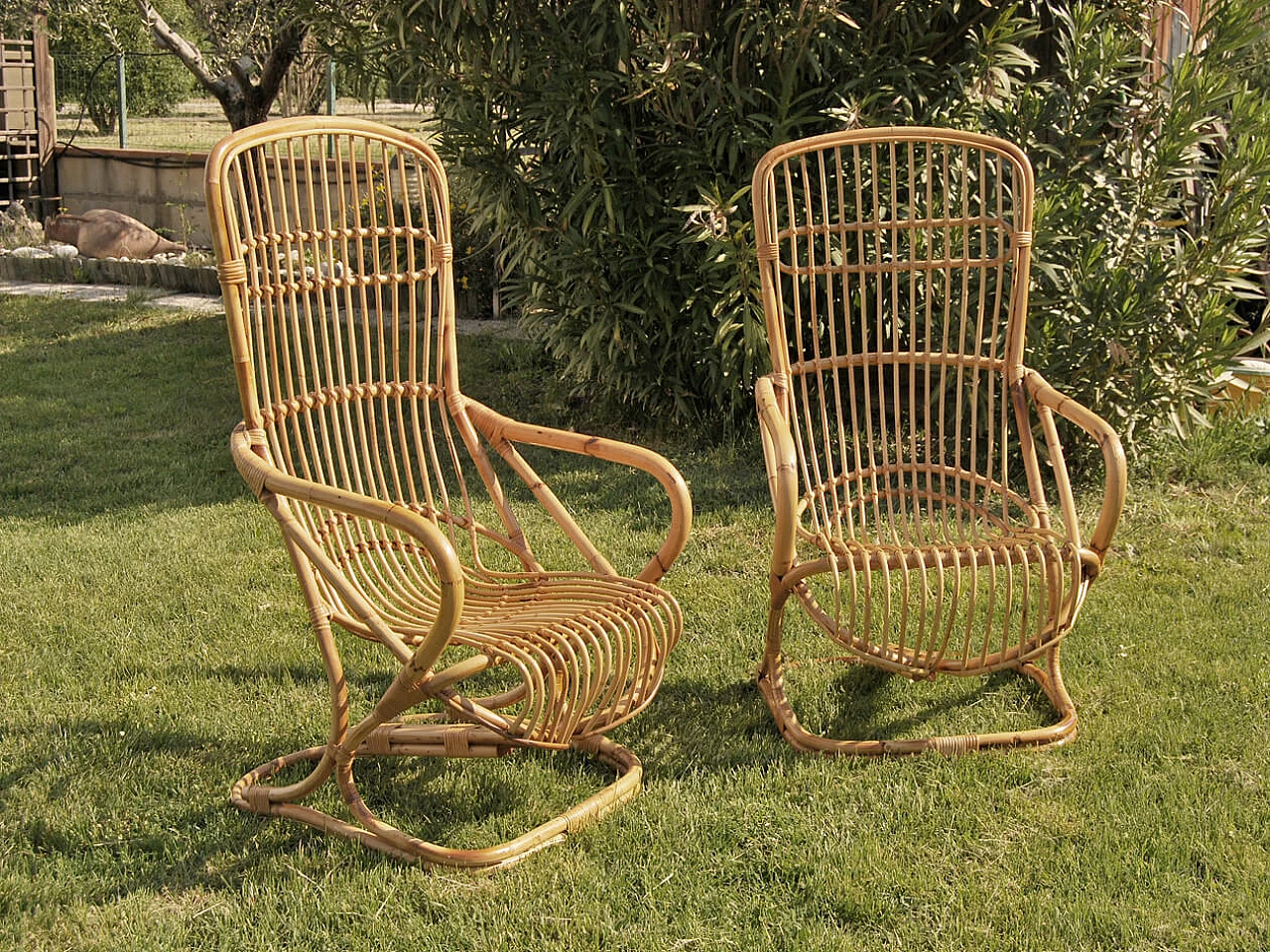 Pair of bamboo armchairs by Tito Agnoli for Bonacina, 1950s 2