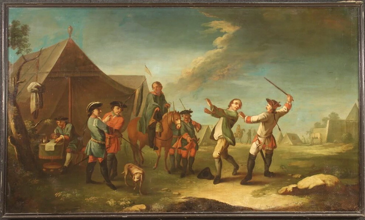 Oil on canvas depicting encampment with soldiers and horses, 19th century 13