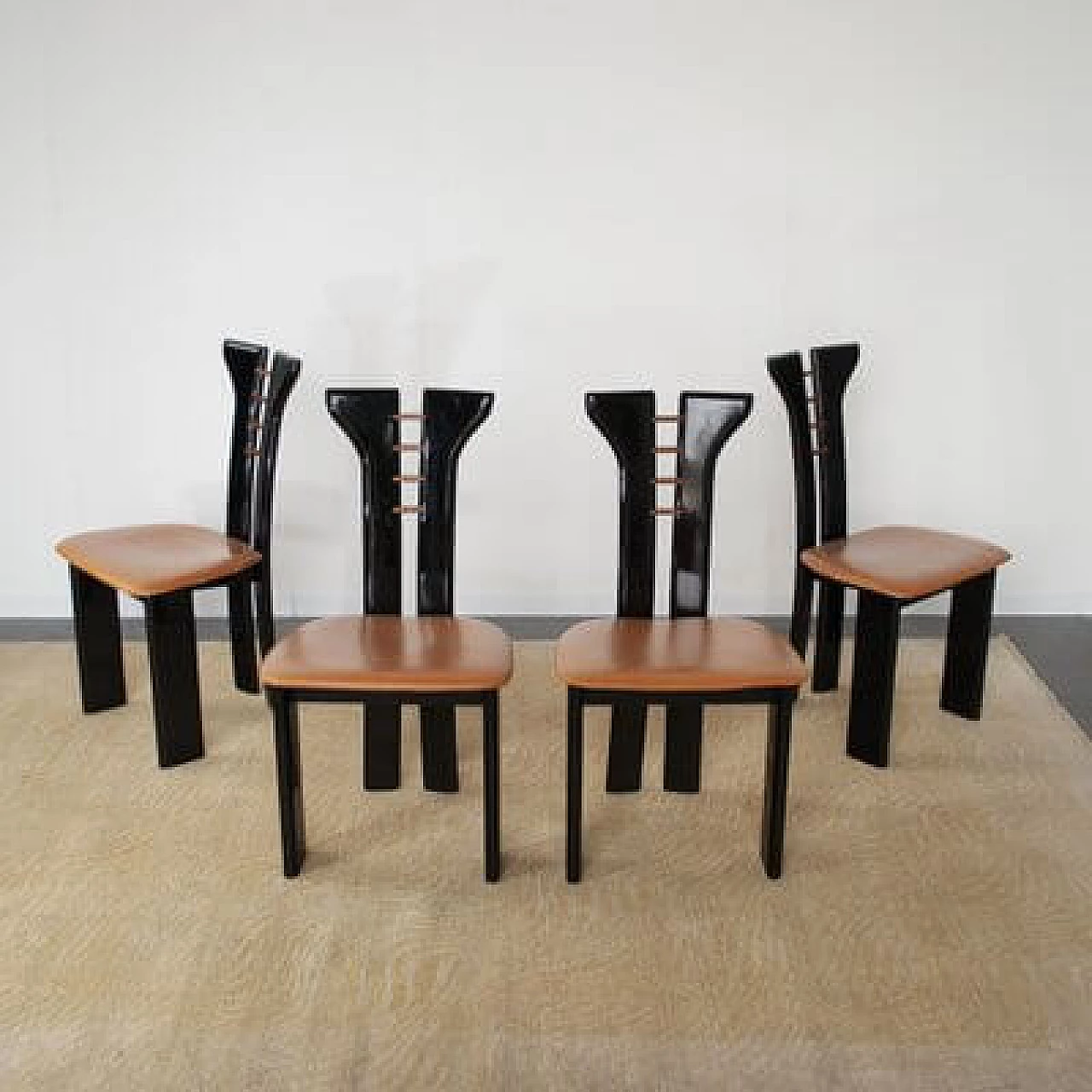 4 Black lacquered wooden chairs with leather seat by Pierre Cardin, 1970s 1