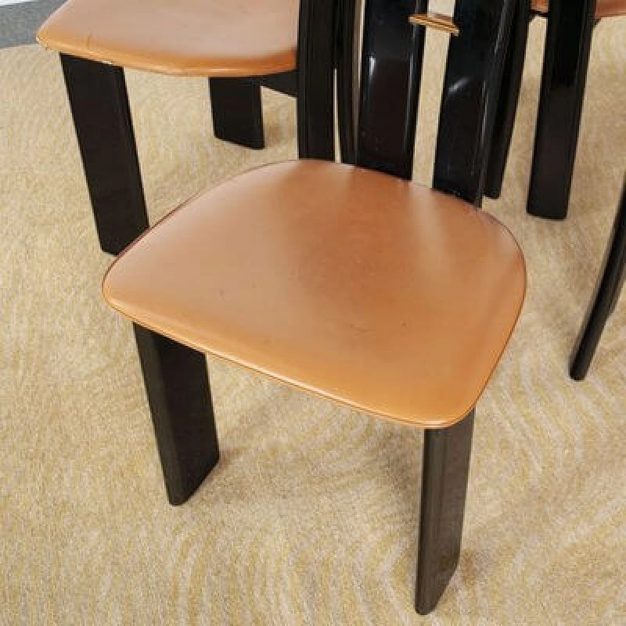4 Black lacquered wooden chairs with leather seat by Pierre Cardin, 1970s 2