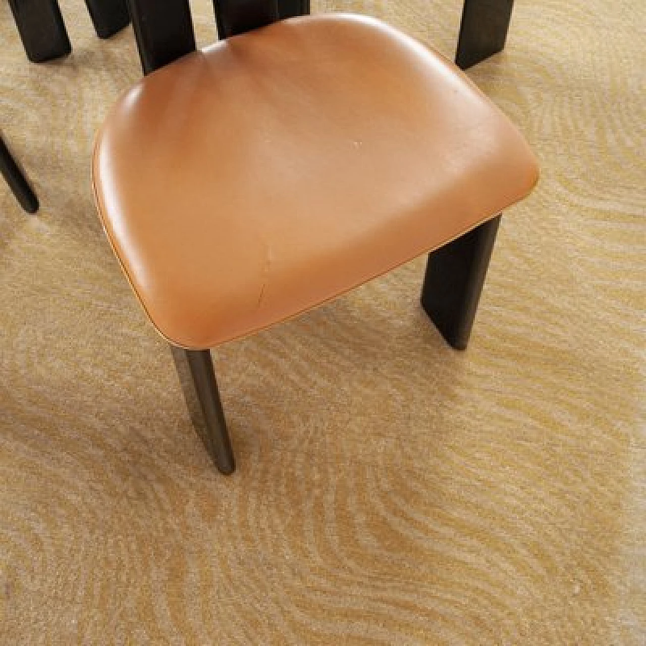 4 Black lacquered wooden chairs with leather seat by Pierre Cardin, 1970s 4