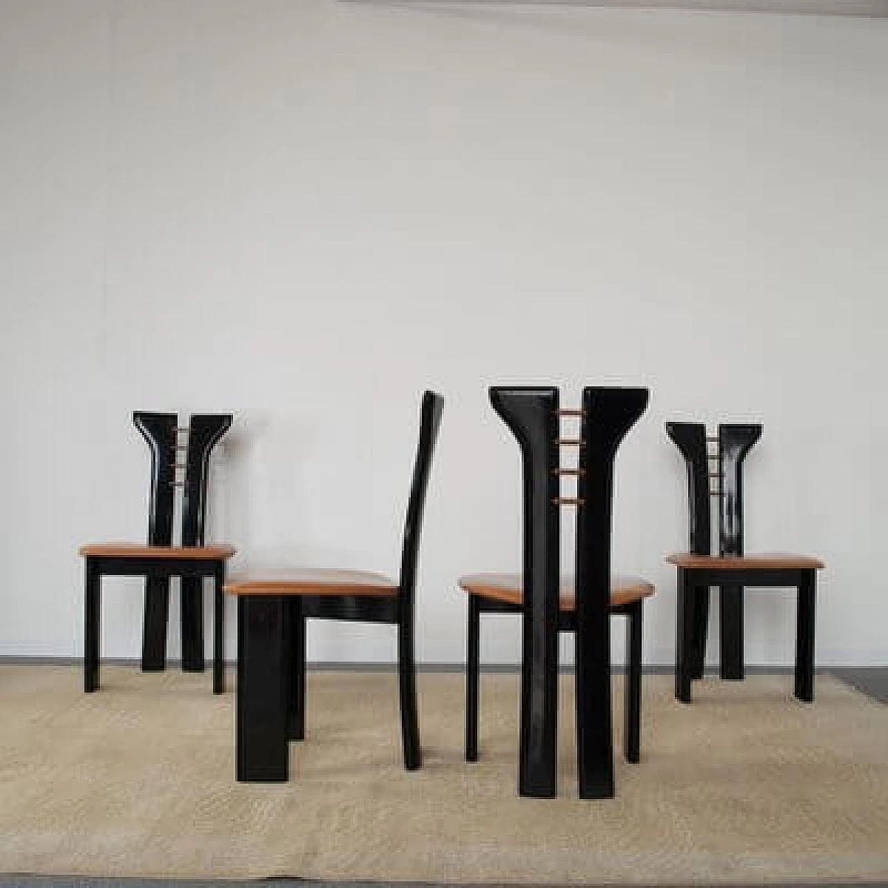 4 Black lacquered wooden chairs with leather seat by Pierre Cardin, 1970s 6