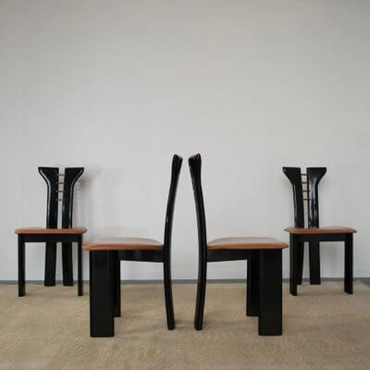 4 Black lacquered wooden chairs with leather seat by Pierre Cardin, 1970s 7