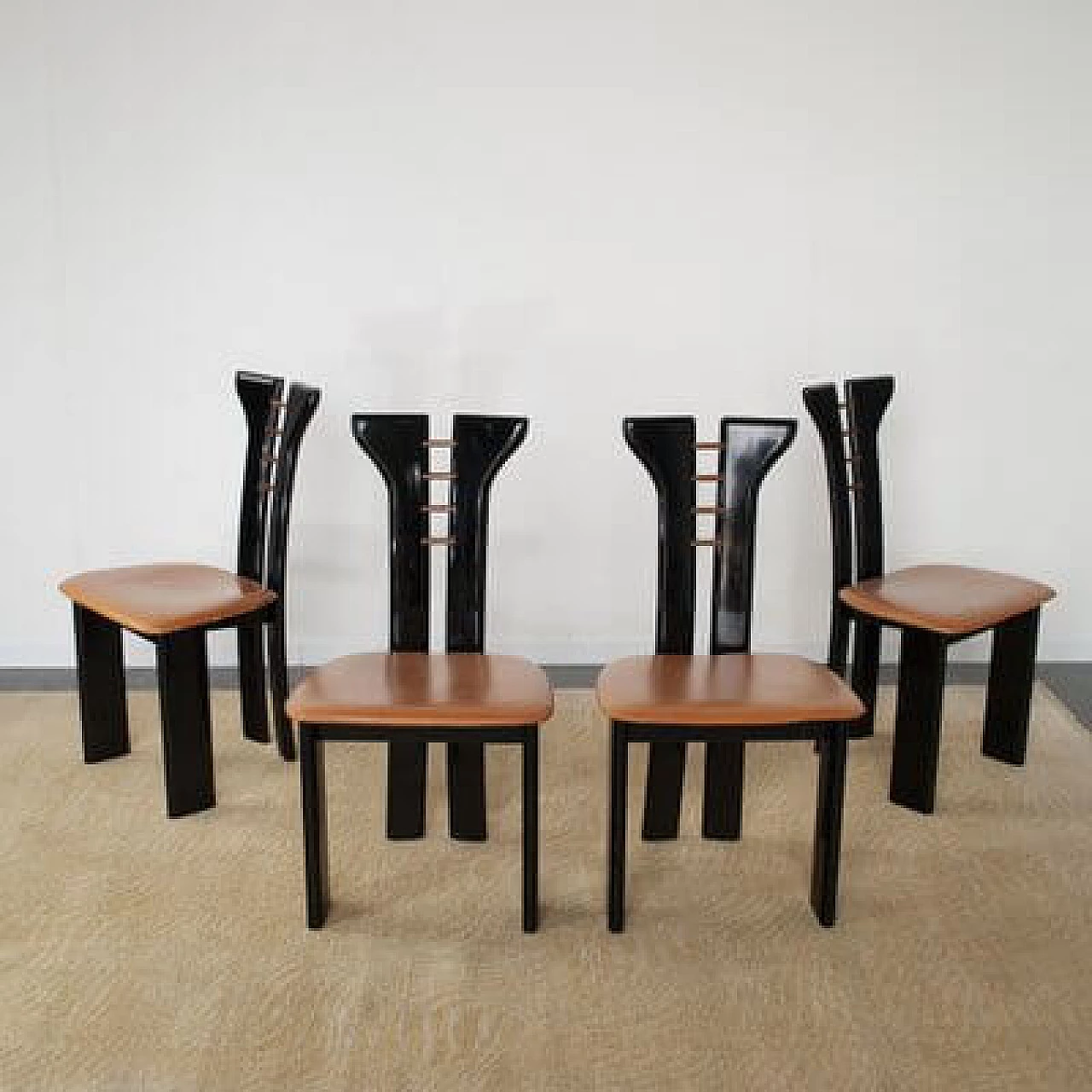 4 Black lacquered wooden chairs with leather seat by Pierre Cardin, 1970s 8