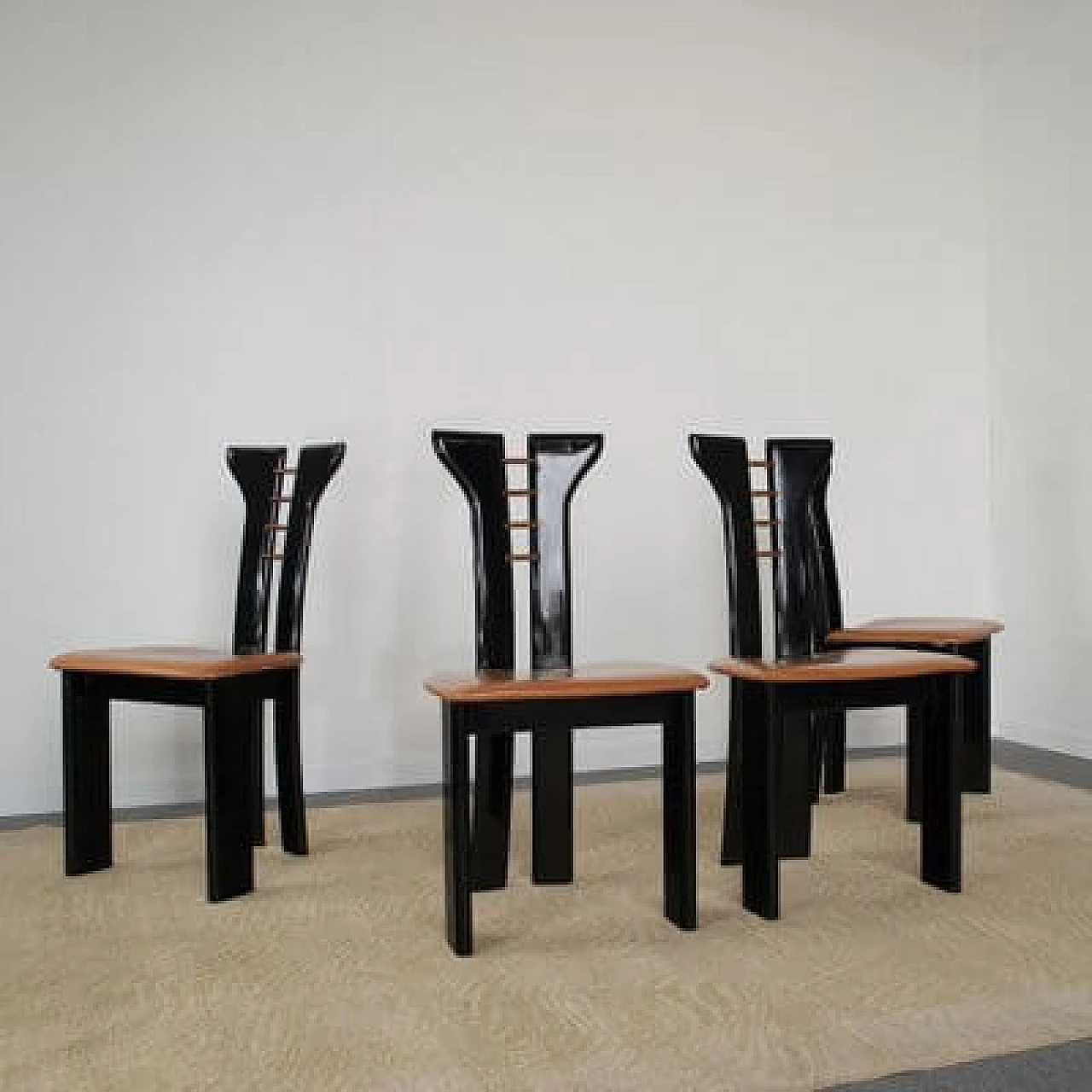 4 Black lacquered wooden chairs with leather seat by Pierre Cardin, 1970s 9
