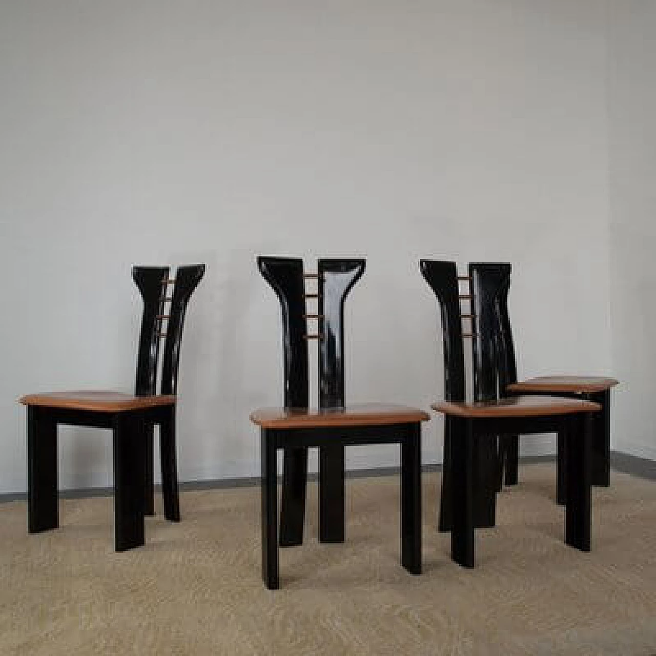 4 Black lacquered wooden chairs with leather seat by Pierre Cardin, 1970s 10