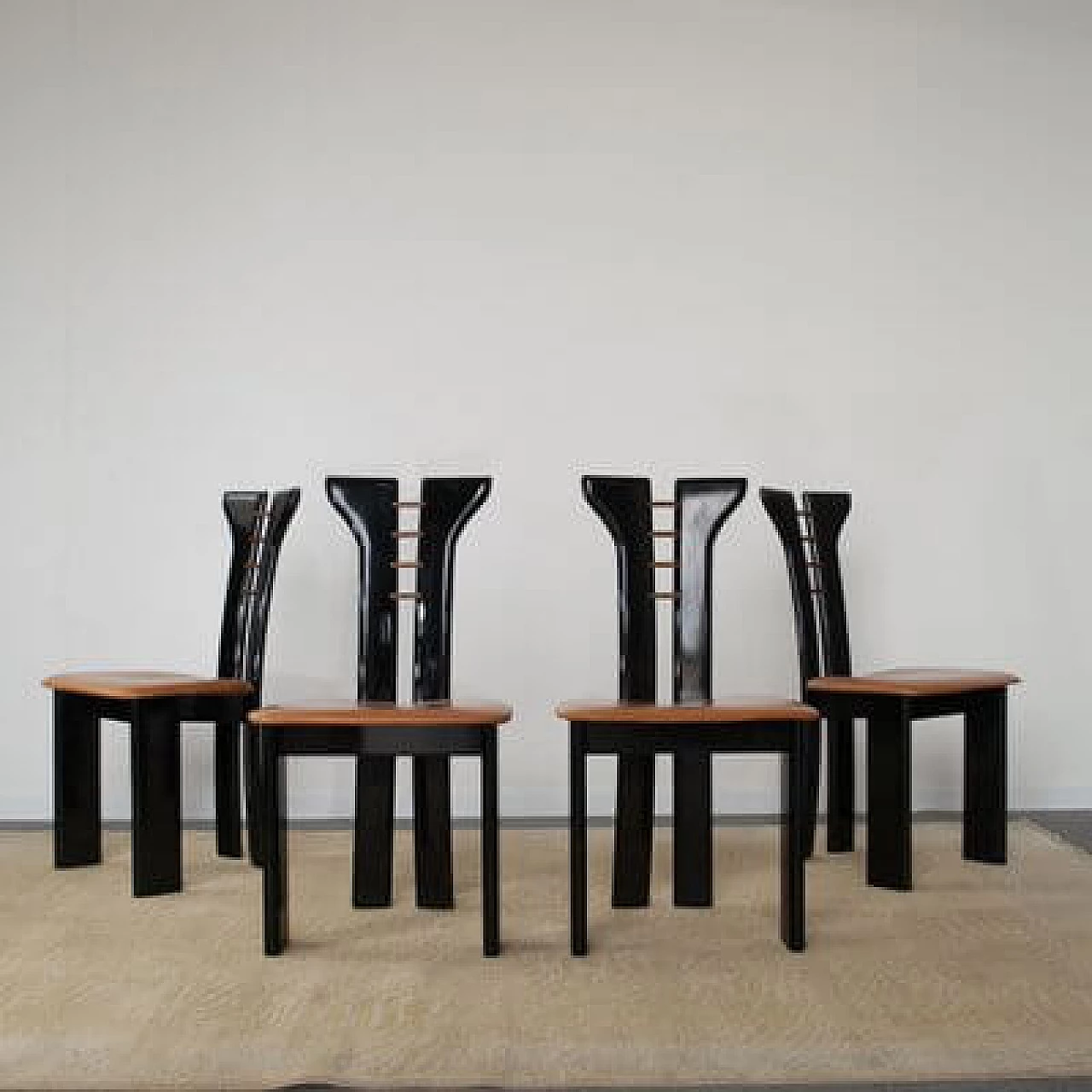 4 Black lacquered wooden chairs with leather seat by Pierre Cardin, 1970s 11