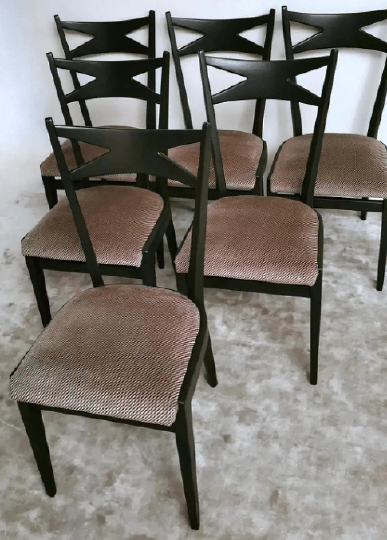 6 Ico Parisi style chairs in wood and velvet, 1950s 6