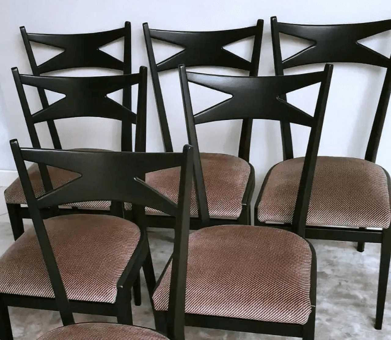 6 Ico Parisi style chairs in wood and velvet, 1950s 7