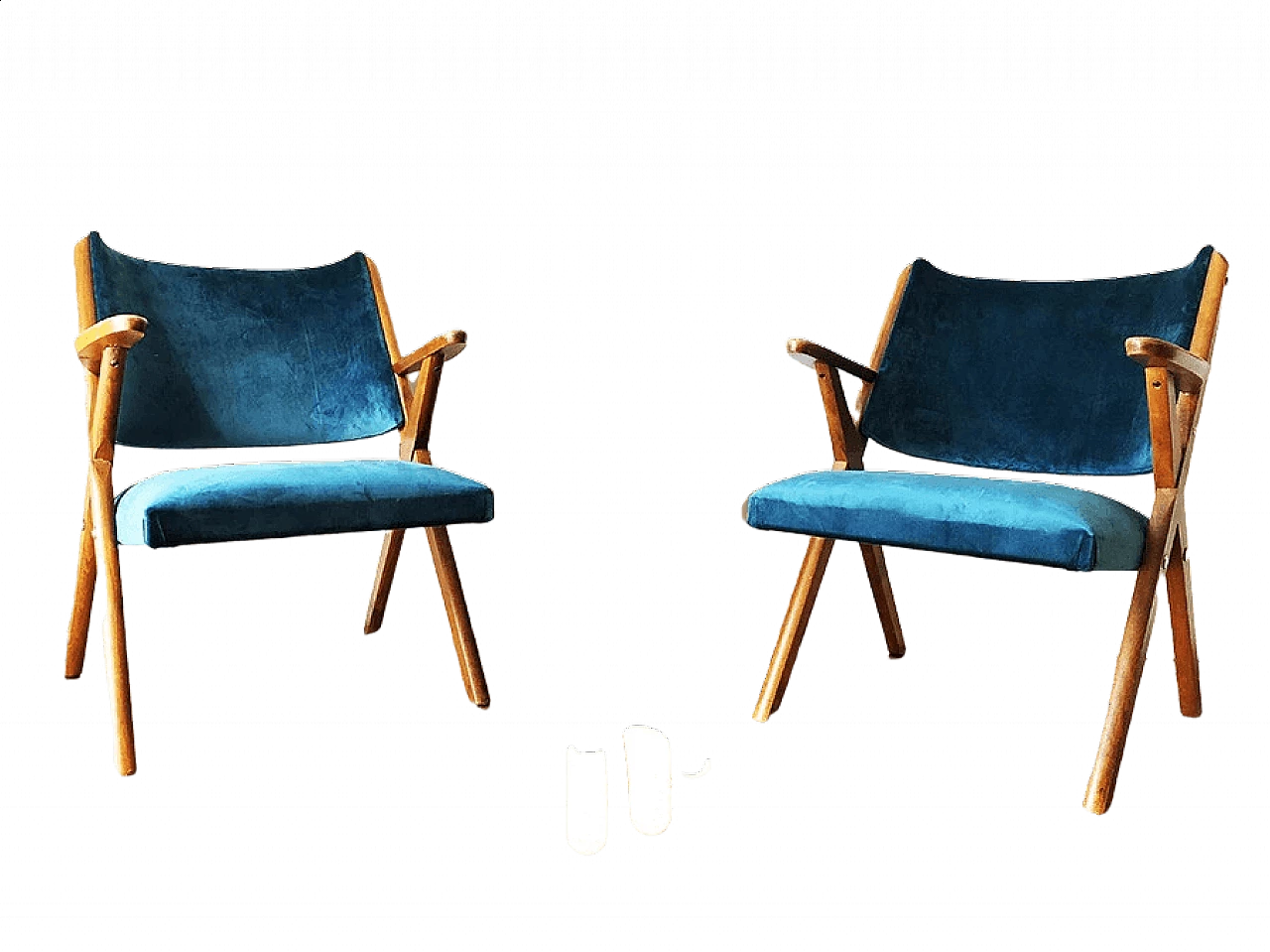 Pair of compass armchairs in wood and velvet, 50s 6