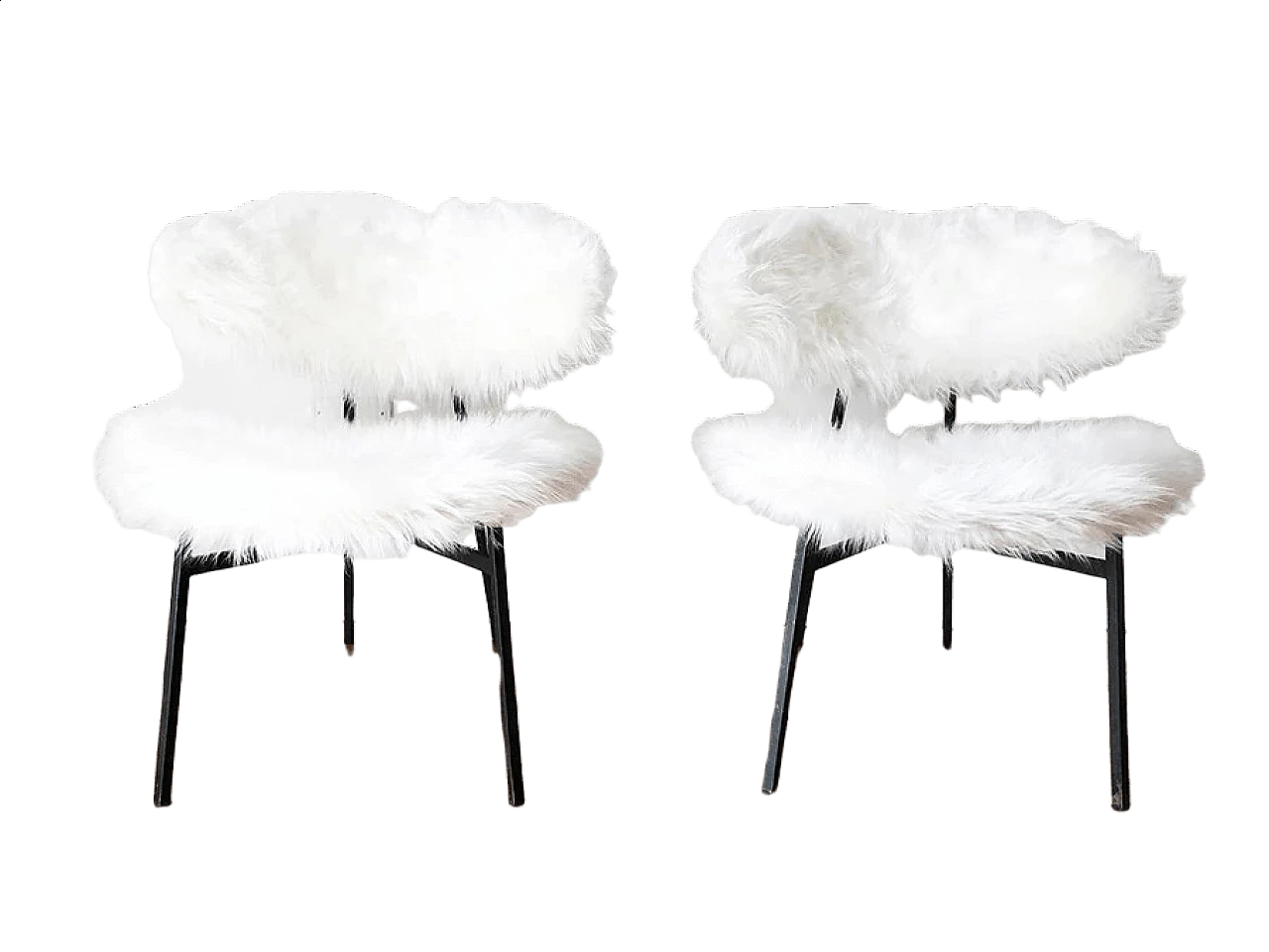 Pair of White Winter armchairs in iron and faux fur, 60s 6