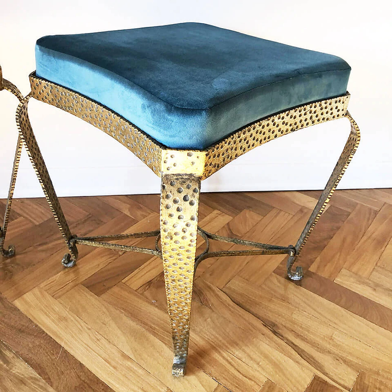 Pair of footstools in solid gilded iron and velvet by Pier Luigi Colli, 50s 1