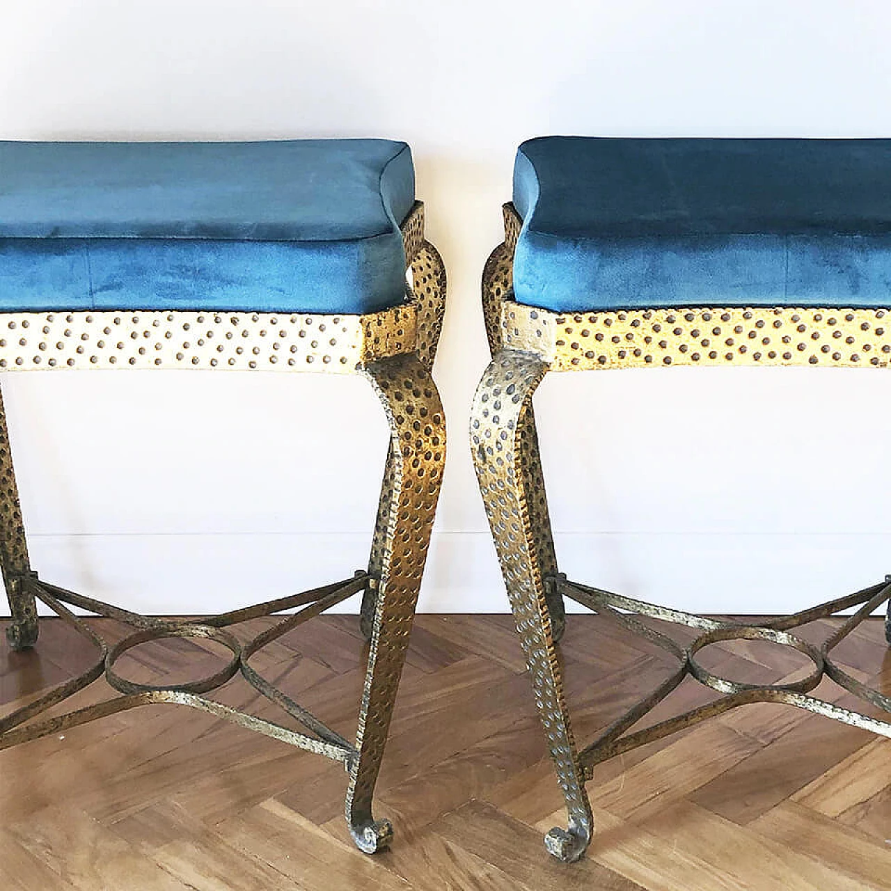 Pair of footstools in solid gilded iron and velvet by Pier Luigi Colli, 50s 3