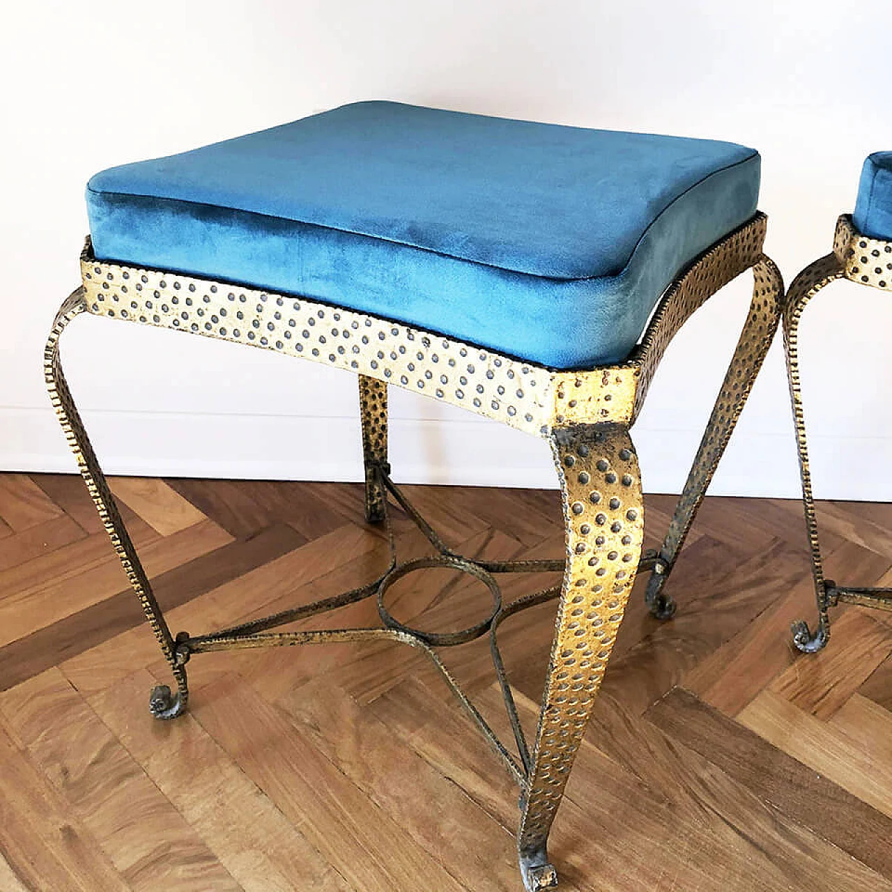 Pair of footstools in solid gilded iron and velvet by Pier Luigi Colli, 50s 4