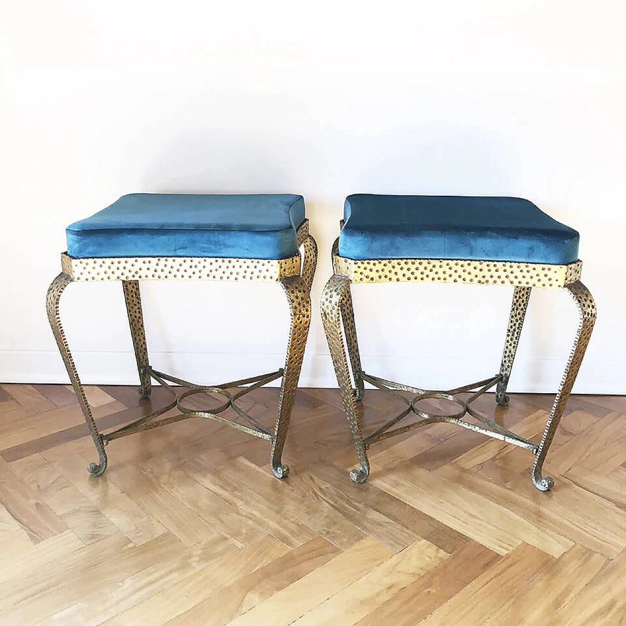 Pair of footstools in solid gilded iron and velvet by Pier Luigi Colli, 50s 5