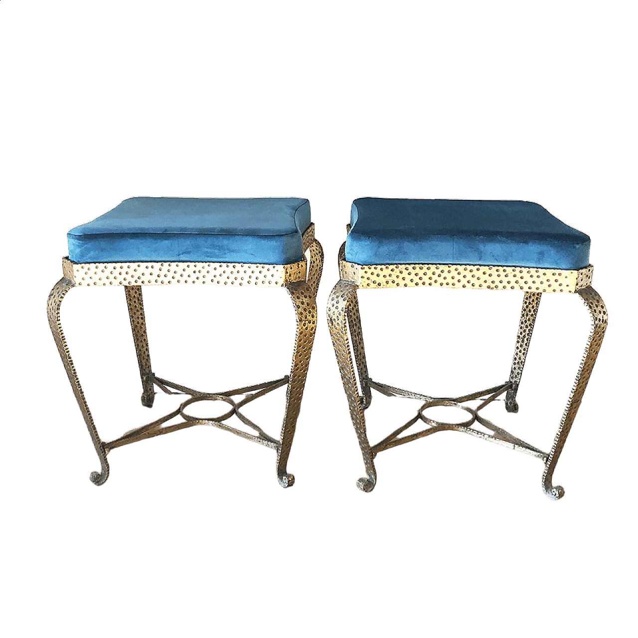 Pair of footstools in solid gilded iron and velvet by Pier Luigi Colli, 50s 6