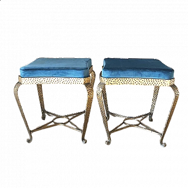 Pair of footstools in solid gilded iron and velvet by Pier Luigi Colli, 50s