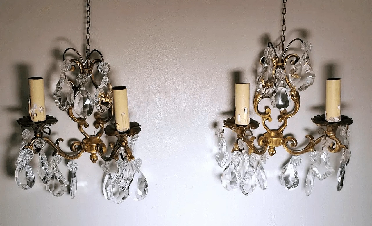 Pair of Louis XVI wall sconces in brass and crystal, 50s 2
