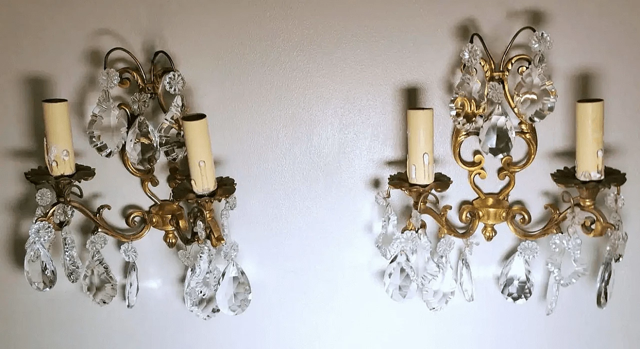 Pair of Louis XVI wall sconces in brass and crystal, 50s 3