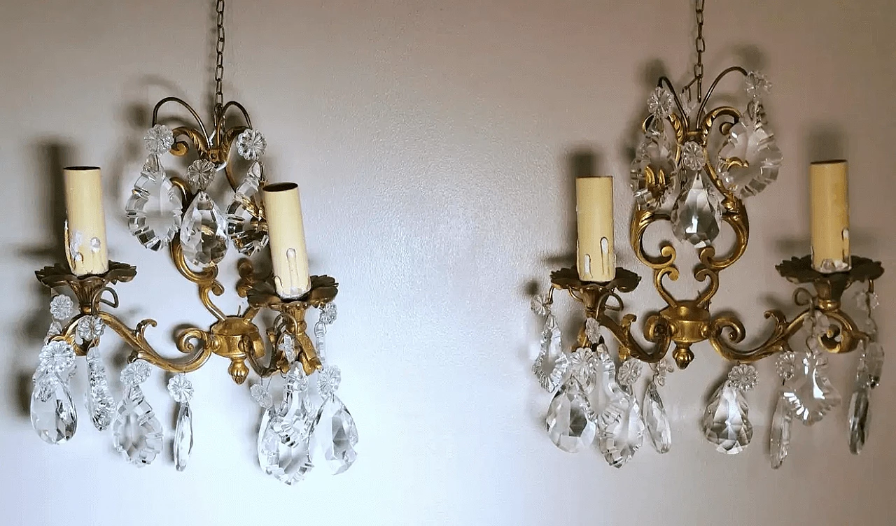 Pair of Louis XVI wall sconces in brass and crystal, 50s 4