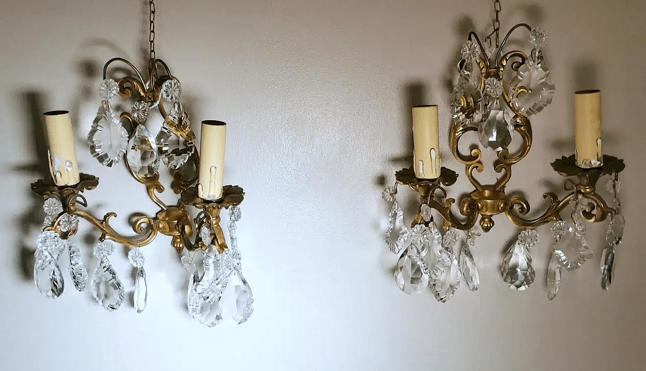 Pair of Louis XVI wall sconces in brass and crystal, 50s 5