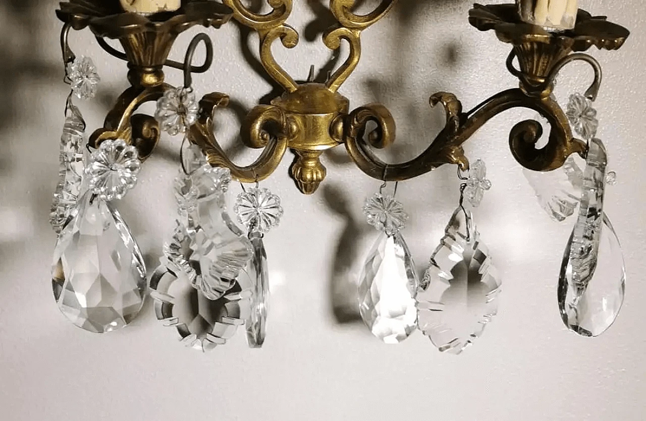 Pair of Louis XVI wall sconces in brass and crystal, 50s 10