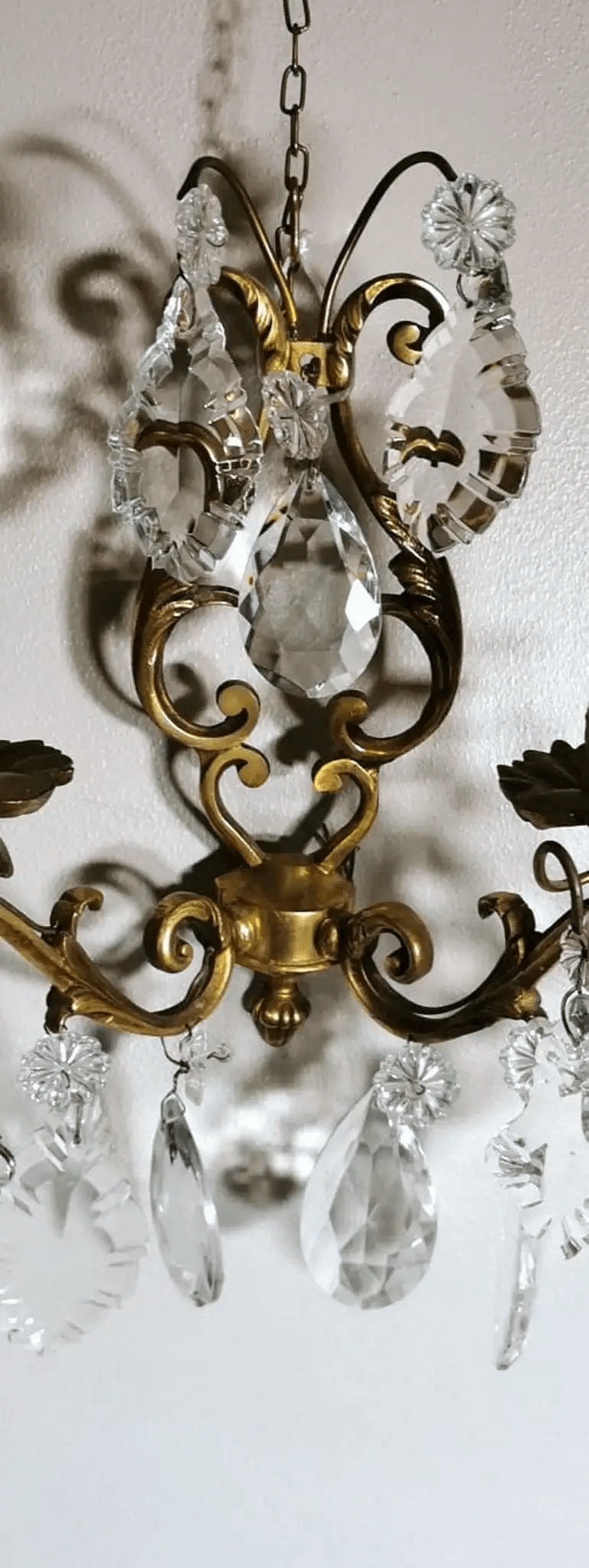 Pair of Louis XVI wall sconces in brass and crystal, 50s 11