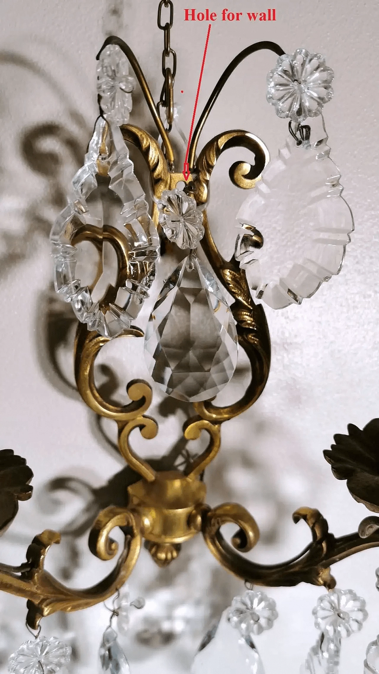 Pair of Louis XVI wall sconces in brass and crystal, 50s 12