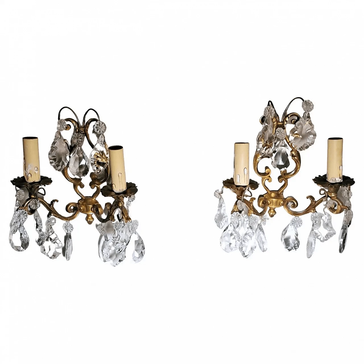 Pair of Louis XVI wall sconces in brass and crystal, 50s 20