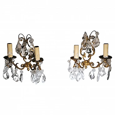 Pair of Louis XVI wall sconces in brass and crystal, 50s