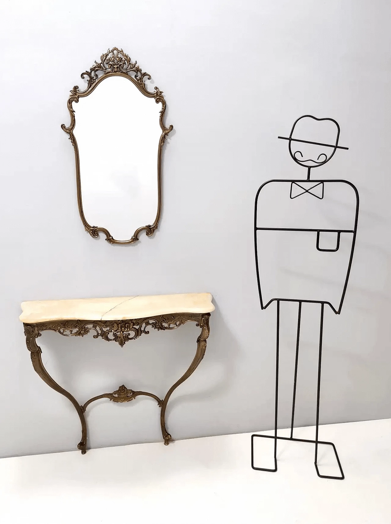 Specchio a parete in ottone e console in ottone con piano in onice, anni '60 3