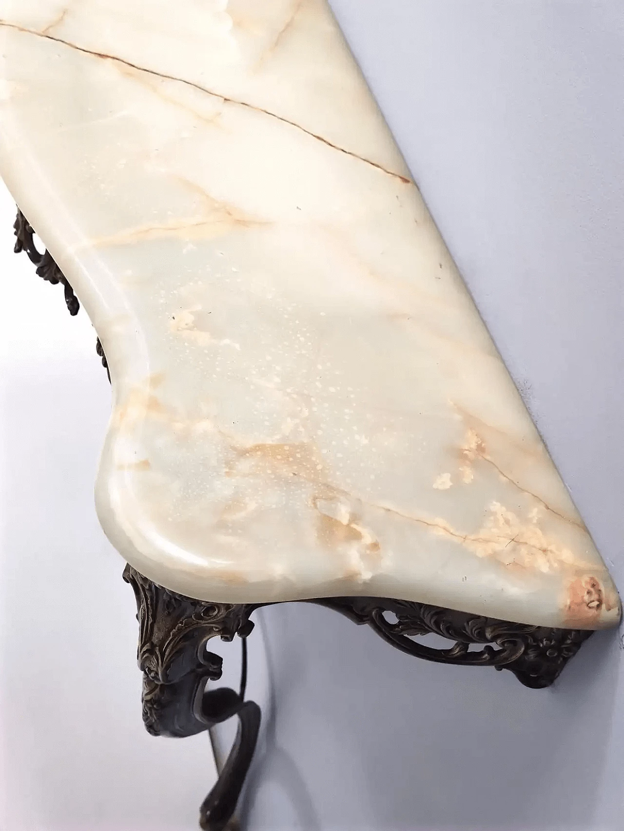 Specchio a parete in ottone e console in ottone con piano in onice, anni '60 5